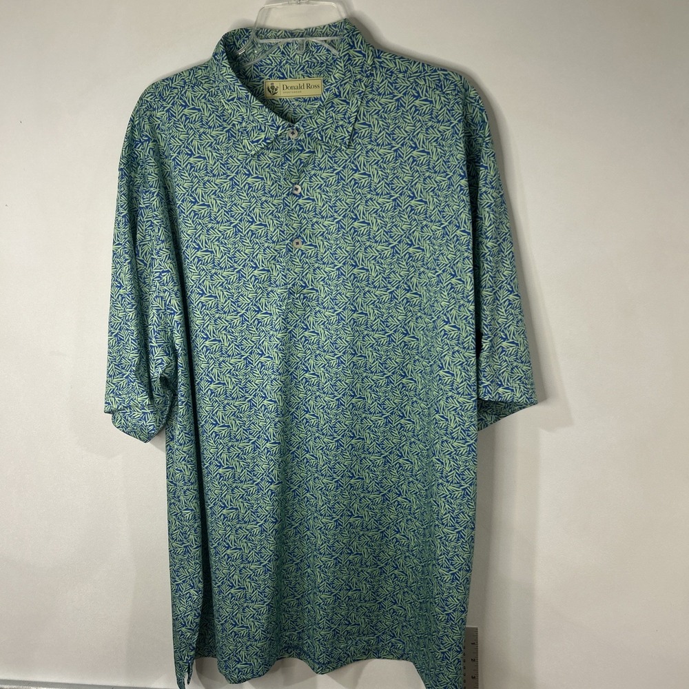 Donald Ross Sport Mens Polo Green Leafy Pattern shirt L Short Sleeve Collar 035